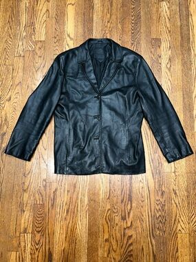 Black Leather Button-Front Blazer Jacket